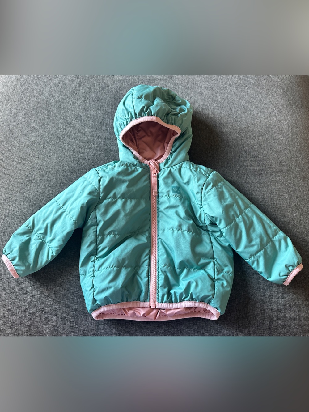 MEC Toddler Reversible Hooded Puffer Jacket Size 18 Months Pink Teal
